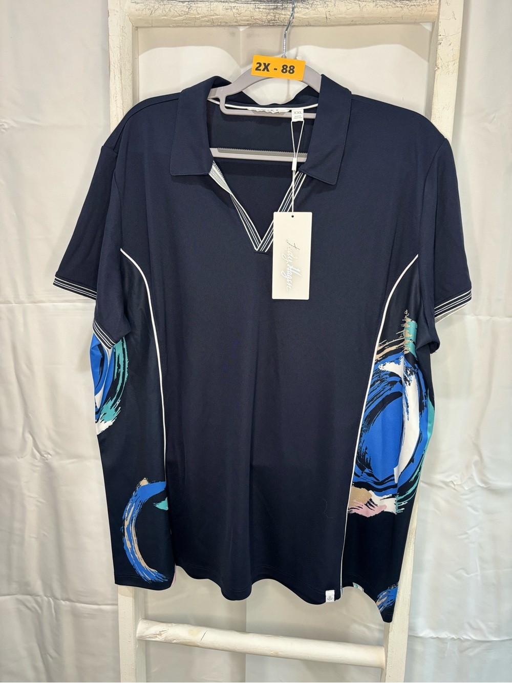 Lady Hagen Navy Short Sleeve Polo with Blue and Teal Swirl Accents
